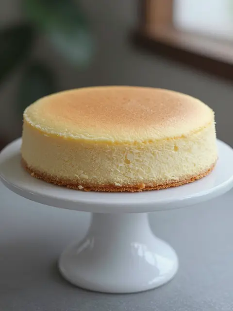 Whole golden brown Japanese cotton cheesecake rests on a white ceramic cake stand with a soft blurred background