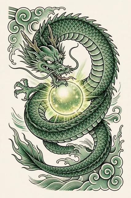 Japanese style green dragon coiled around a glowing pearl with traditional wave and cloud details