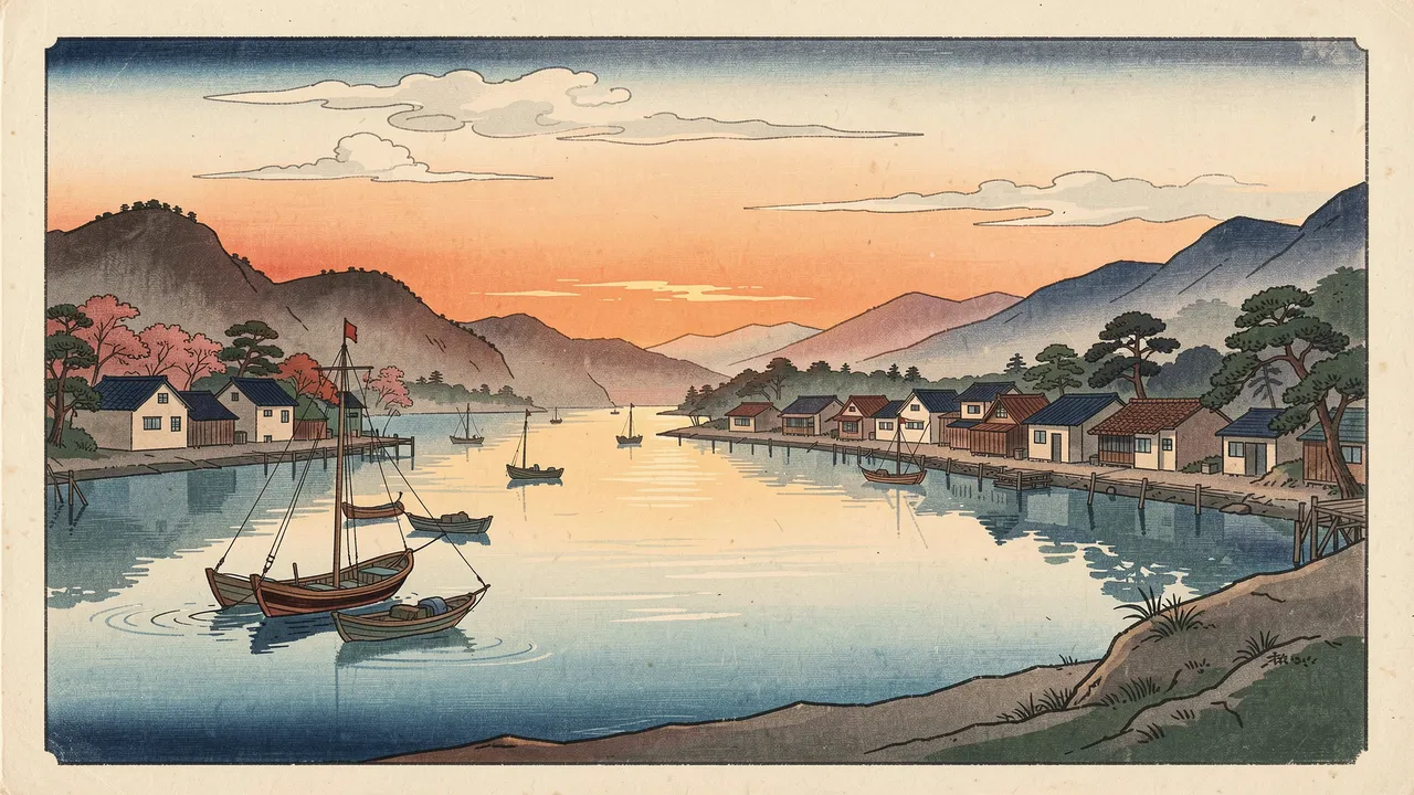 Traditional Japanese woodblock print of a calm bay fishing village with small boats at sunset