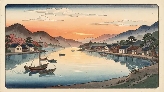 Traditional Japanese woodblock print of a calm bay fishing village with small boats at sunset