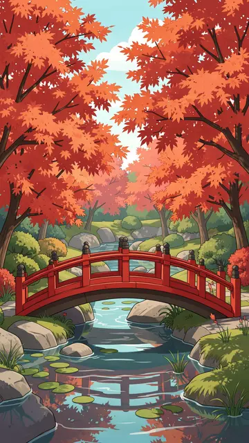 A stylized illustration of a red arched bridge over a stream surrounded by autumn maple trees in a Japanese garden.