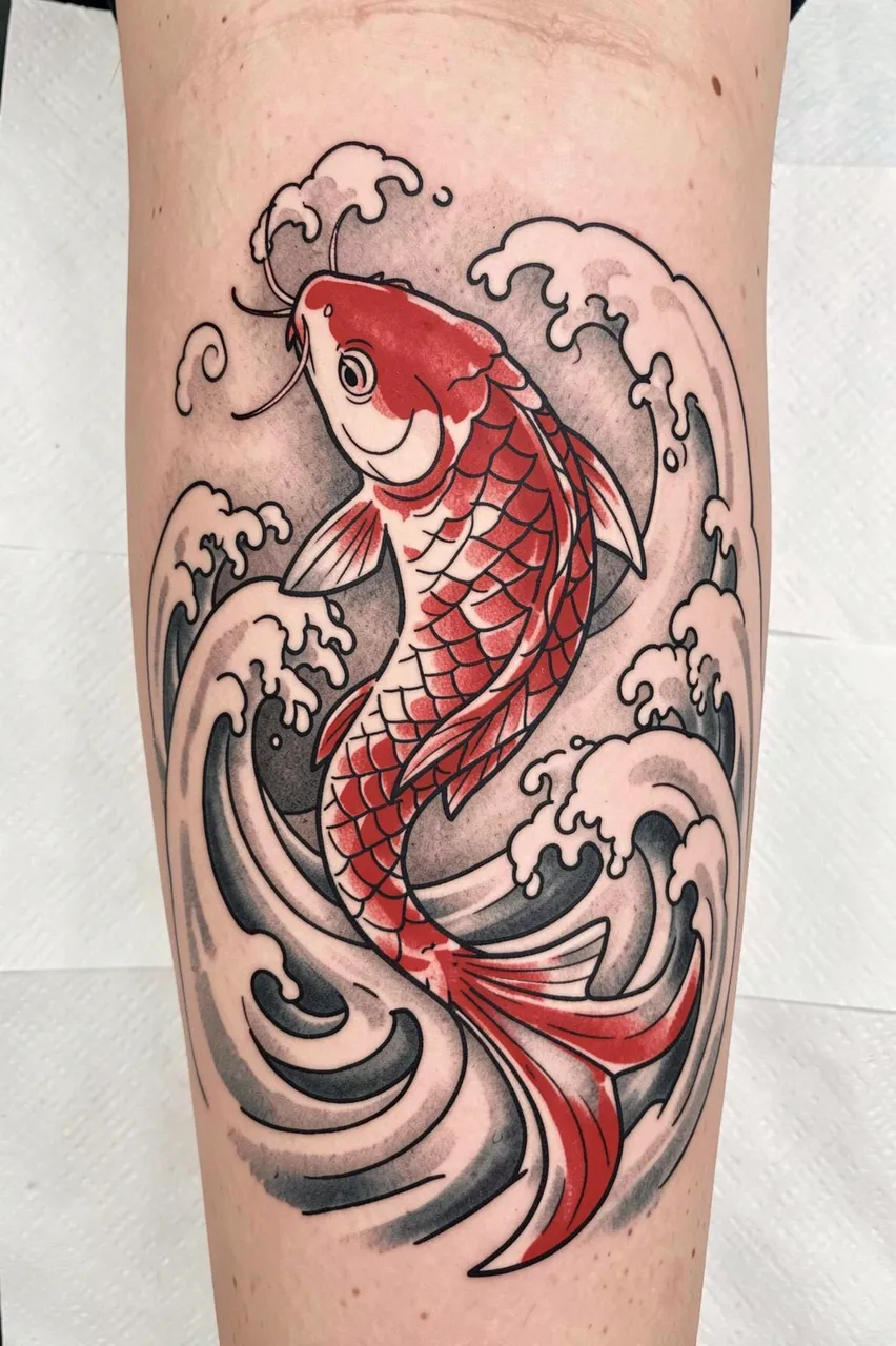 Freshly inked red and white koi fish tattoo with curling waves on a human leg