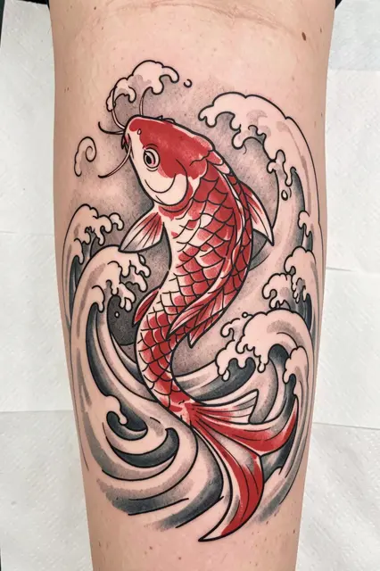 Freshly inked red and white koi fish tattoo with curling waves on a human leg