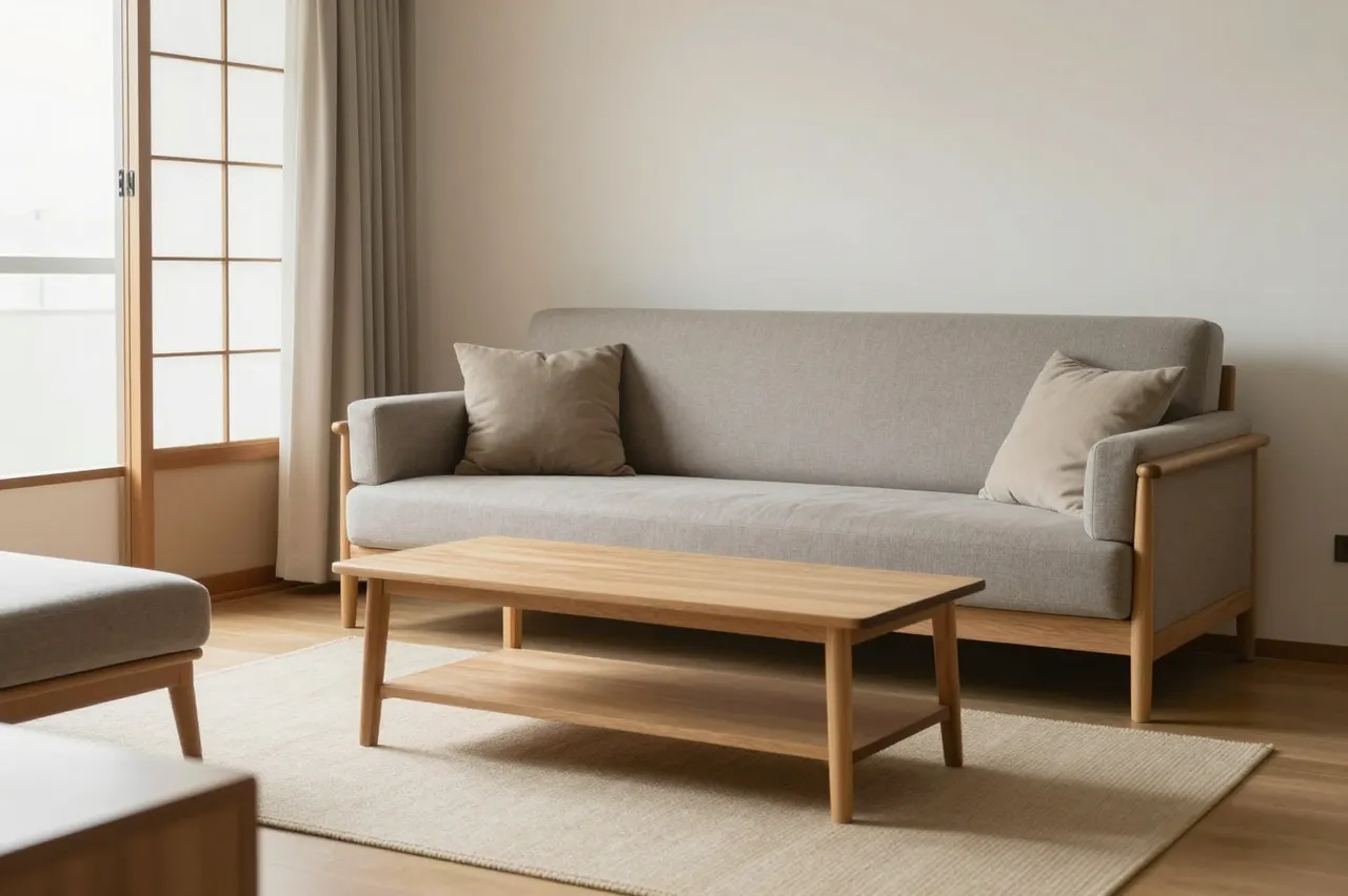 Sunlit minimalist Japanese living room with low wood furniture and neutral upholstery