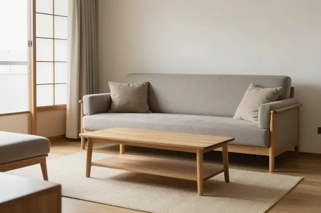 Sunlit minimalist Japanese living room with low wood furniture and neutral upholstery