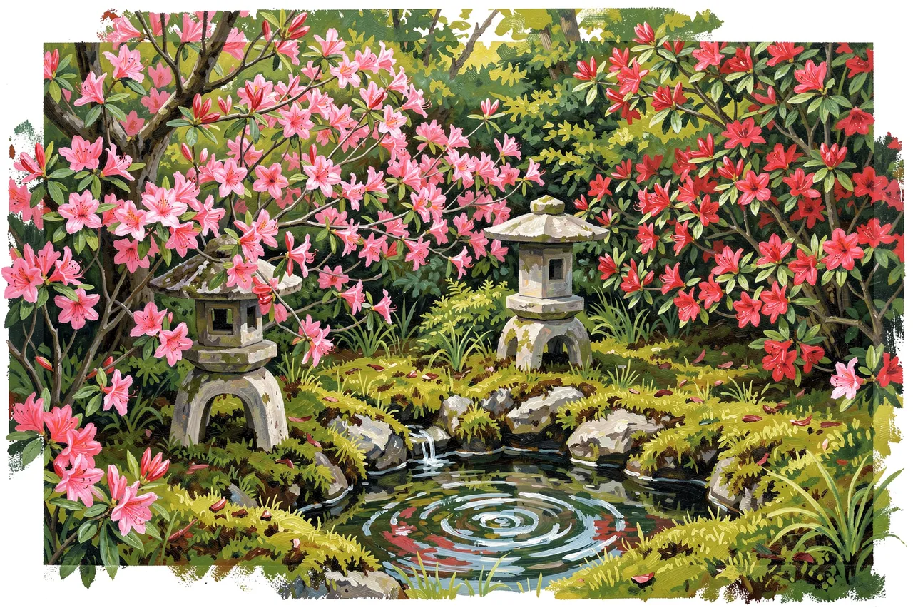 Gouache painting of a tranquil mossy Japanese garden with blooming azaleas, stone lanterns, and a small rippling pond