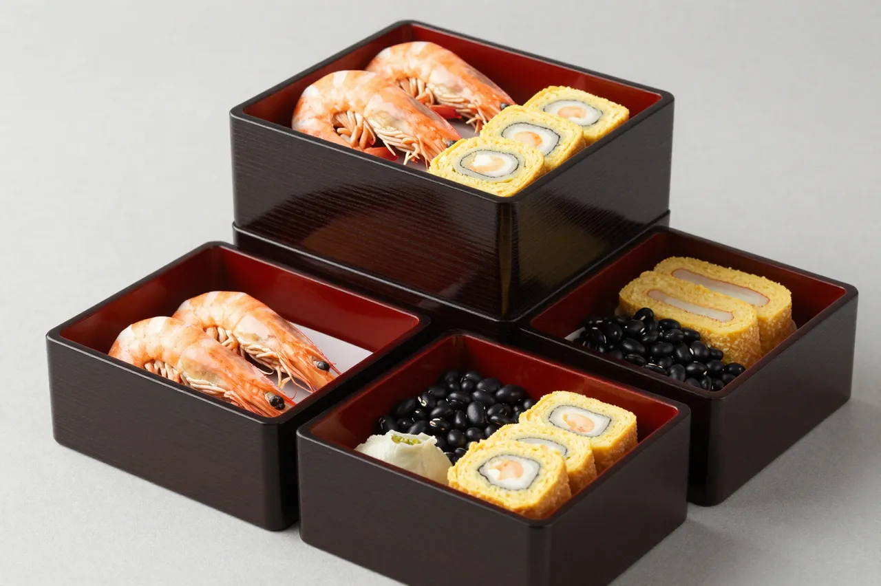 Stacked and arranged lacquer osechi boxes holding prepared New Year food against a neutral gray background