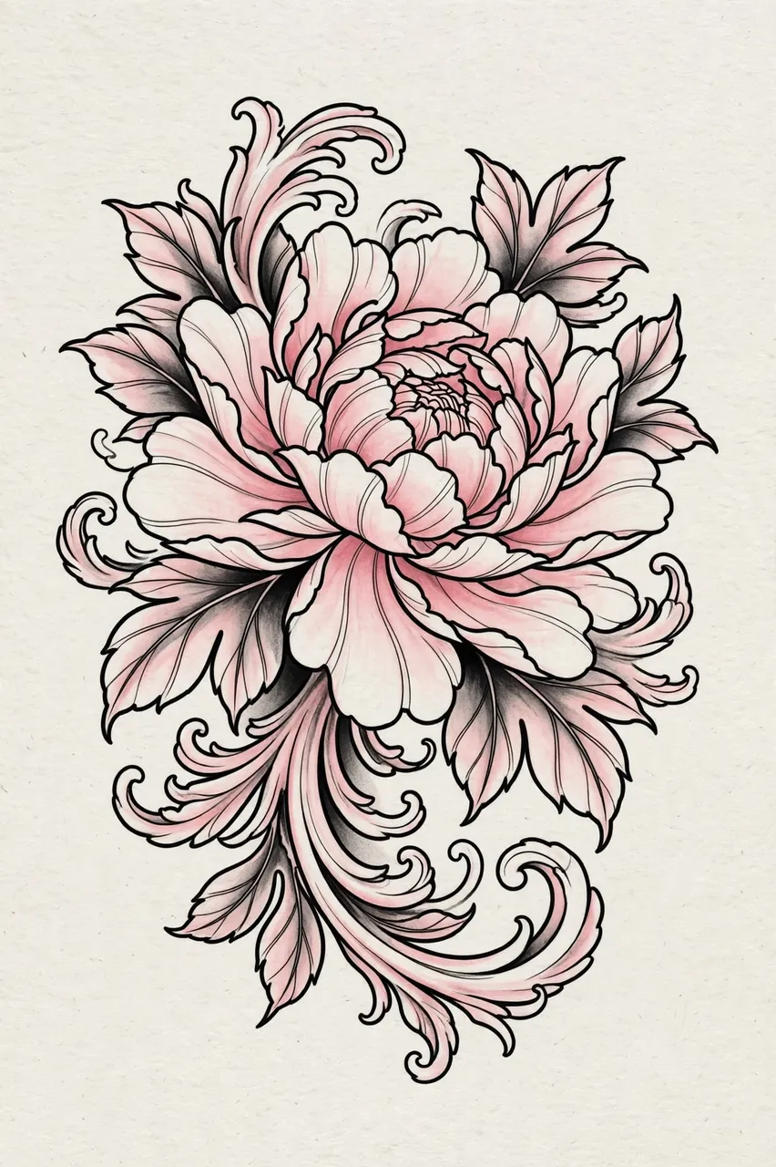 Traditional tattoo-style illustration of a layered pink peony with swirling leaves against a textured light background