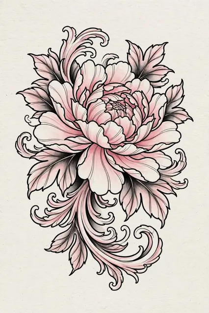 Traditional tattoo-style illustration of a layered pink peony with swirling leaves against a textured light background