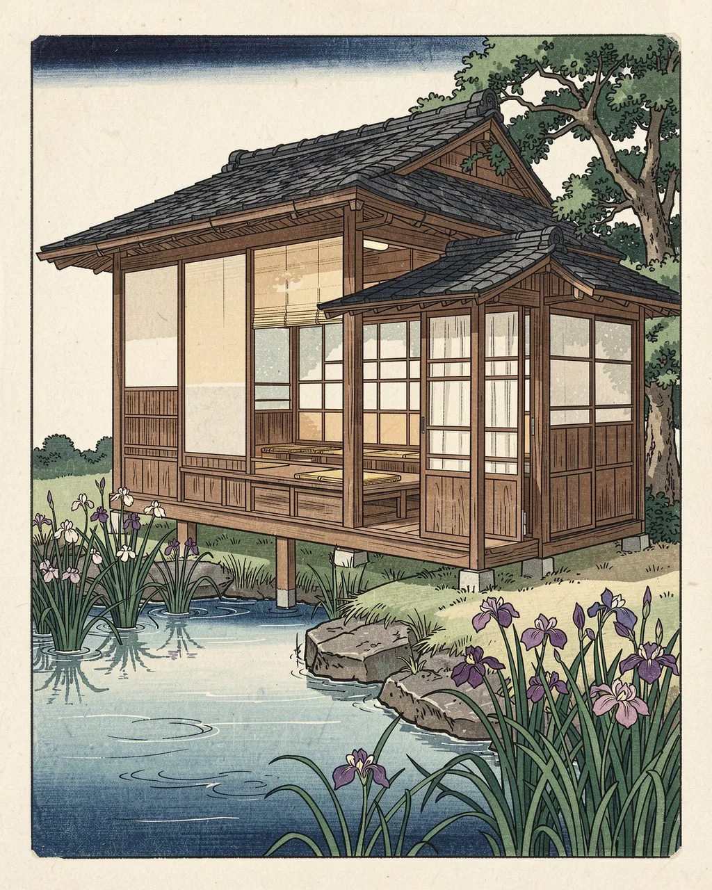 Traditional Japanese woodblock print of a wooden teahouse beside a calm pond lined with iris flowers