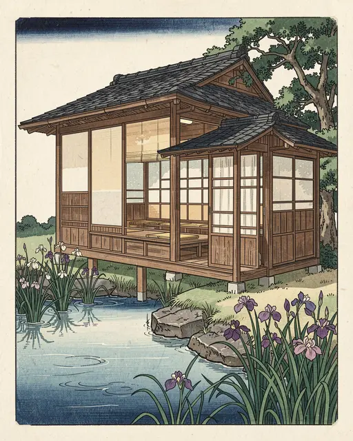 Traditional Japanese woodblock print of a wooden teahouse beside a calm pond lined with iris flowers