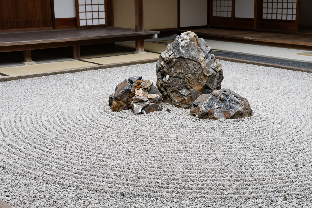 Raked gravel zen garden with central stone arrangements bordering a traditional Japanese temple veranda