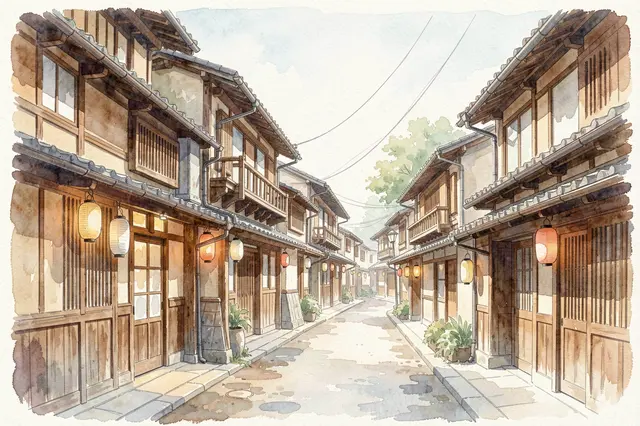 Watercolor illustration of a quiet traditional Japanese village street lined with wooden buildings and plain paper lanterns