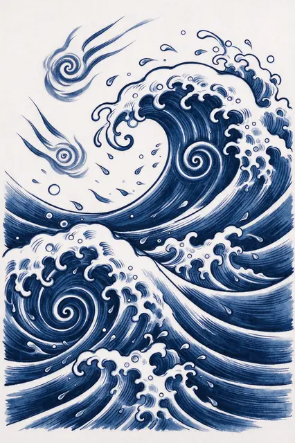 Indigo ink drawing of layered rolling Japanese waves with curled foam, swirls and bold outlines