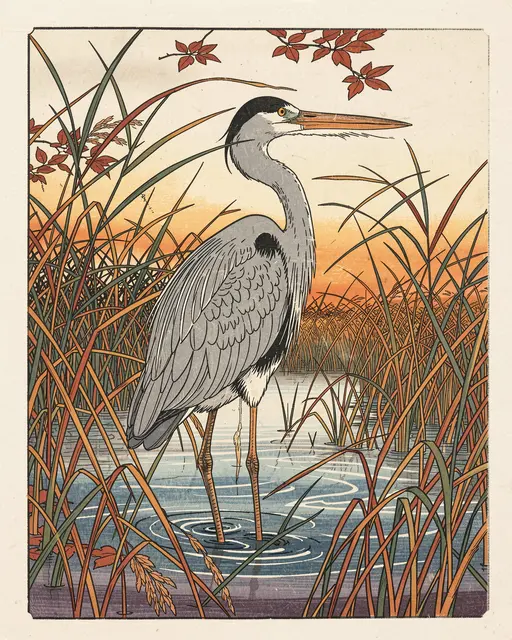 Gray heron standing in shallow autumn reeds rendered in a traditional Japanese woodblock print style