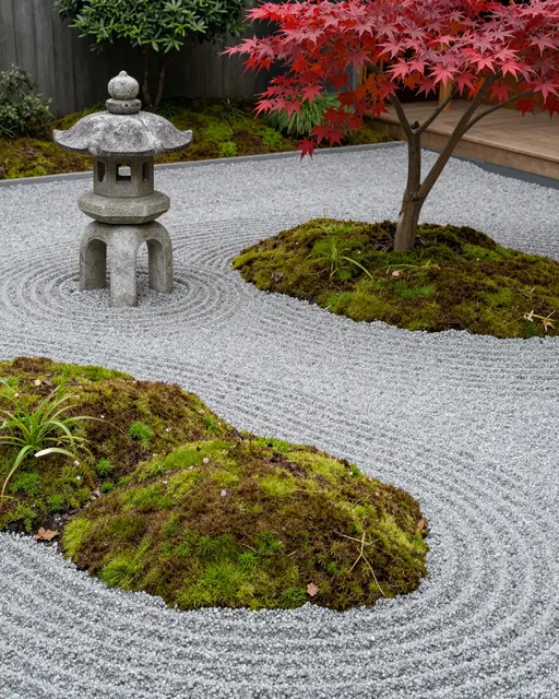 Raked gravel zen garden with a stone lantern, moss mounds, and a red maple tree