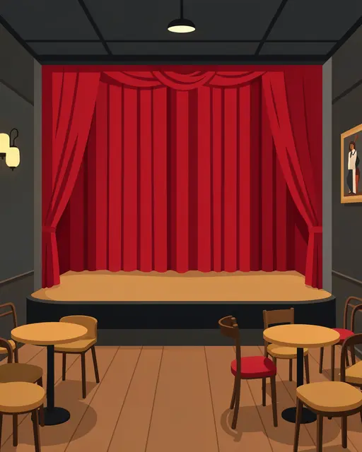 Flat vector illustration of an empty jazz club interior with a red curtain stage and small round seating tables.