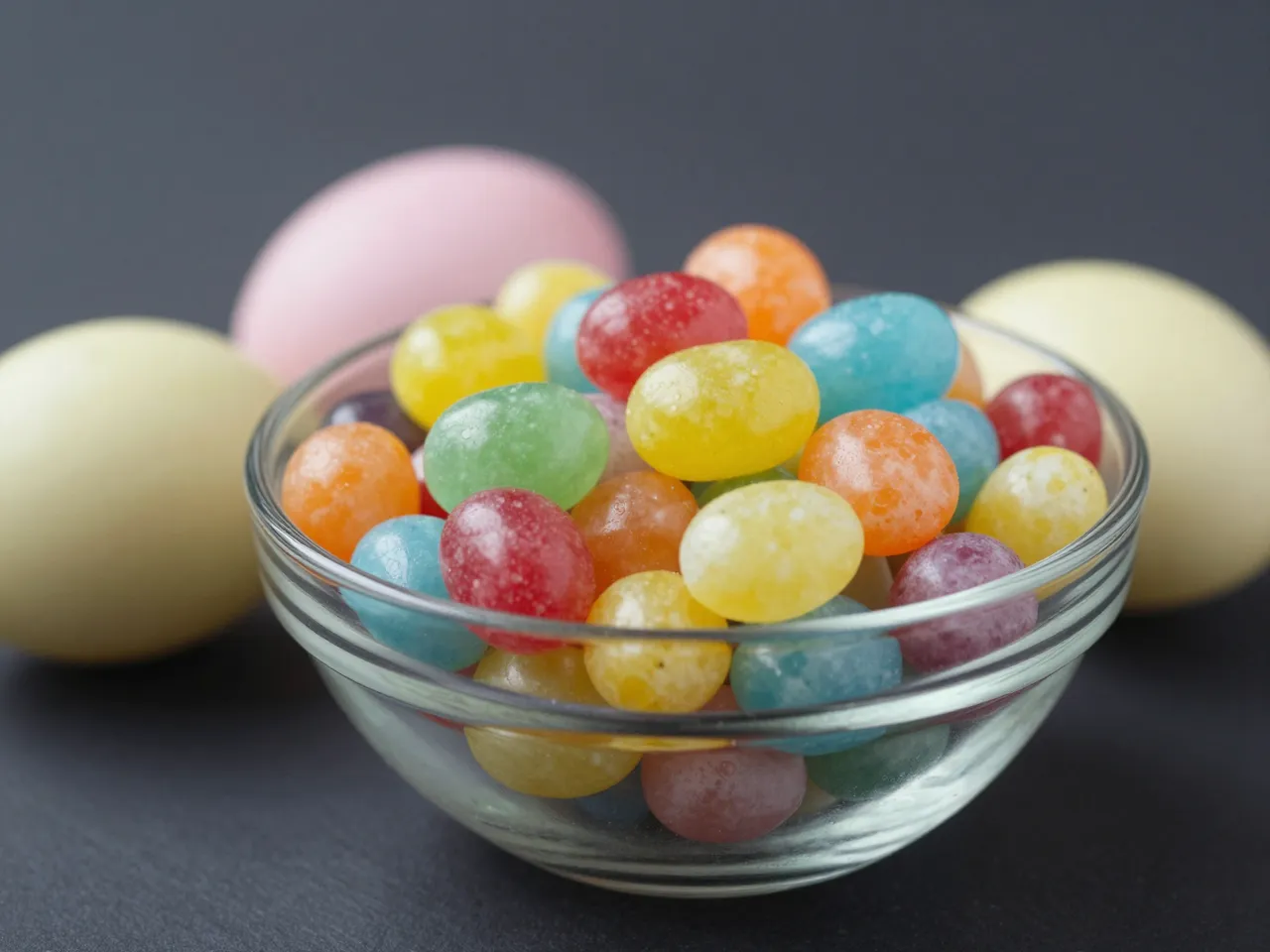 A clear glass bowl filled with colorful jelly beans sits beside soft pastel Easter eggs on a dark surface