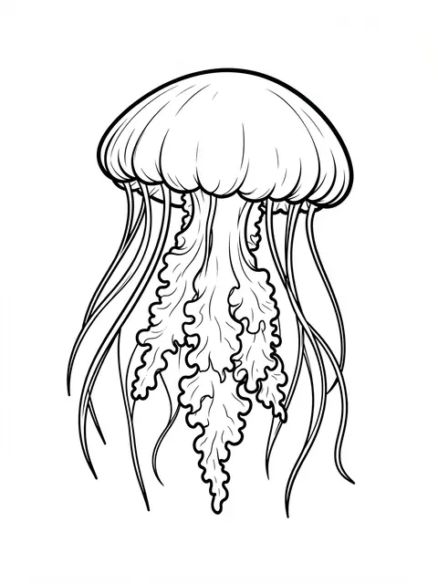 Clean bold black line art of a jellyfish with frilly tentacles on a plain white background