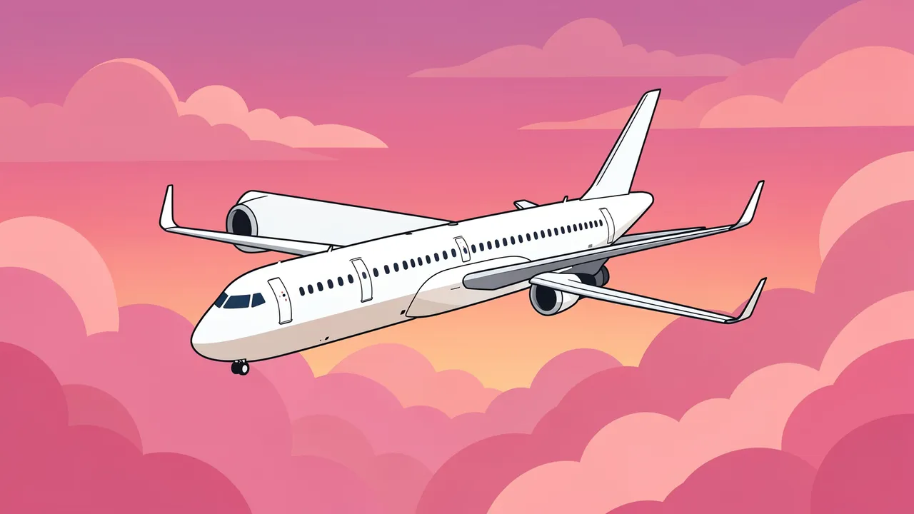 Flat vector illustration of a white passenger jet flying through pink and orange sunset clouds