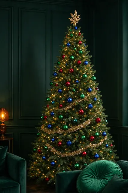 Lit decorated Christmas tree with jewel tone baubles stands in a dark green paneled living room