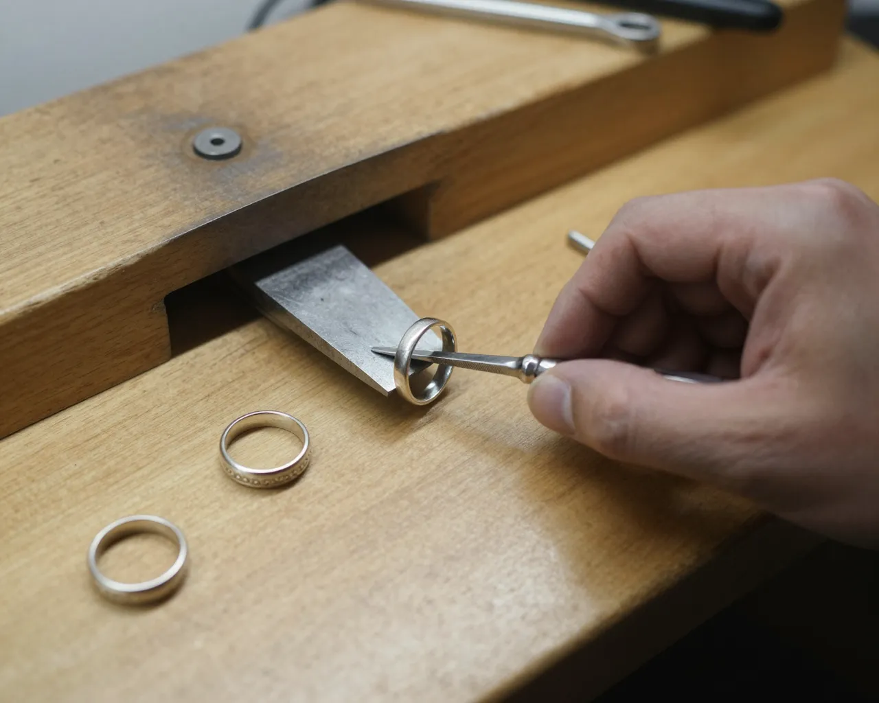 A hand holds a tool to work on a silver ring resting on a jeweler's wooden bench with other rings and tools.