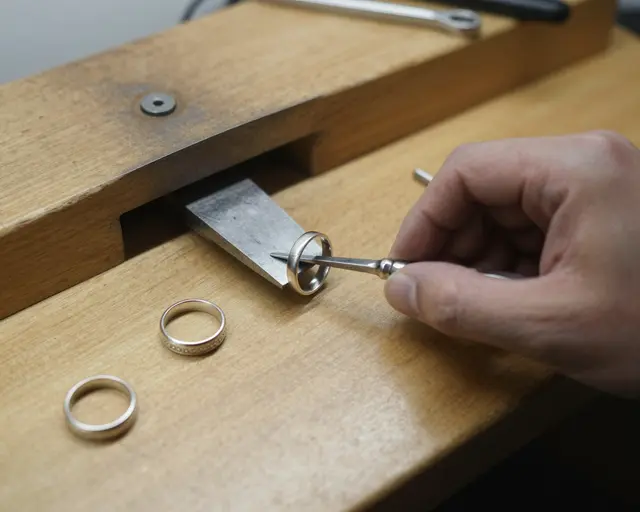 A hand holds a tool to work on a silver ring resting on a jeweler's wooden bench with other rings and tools.