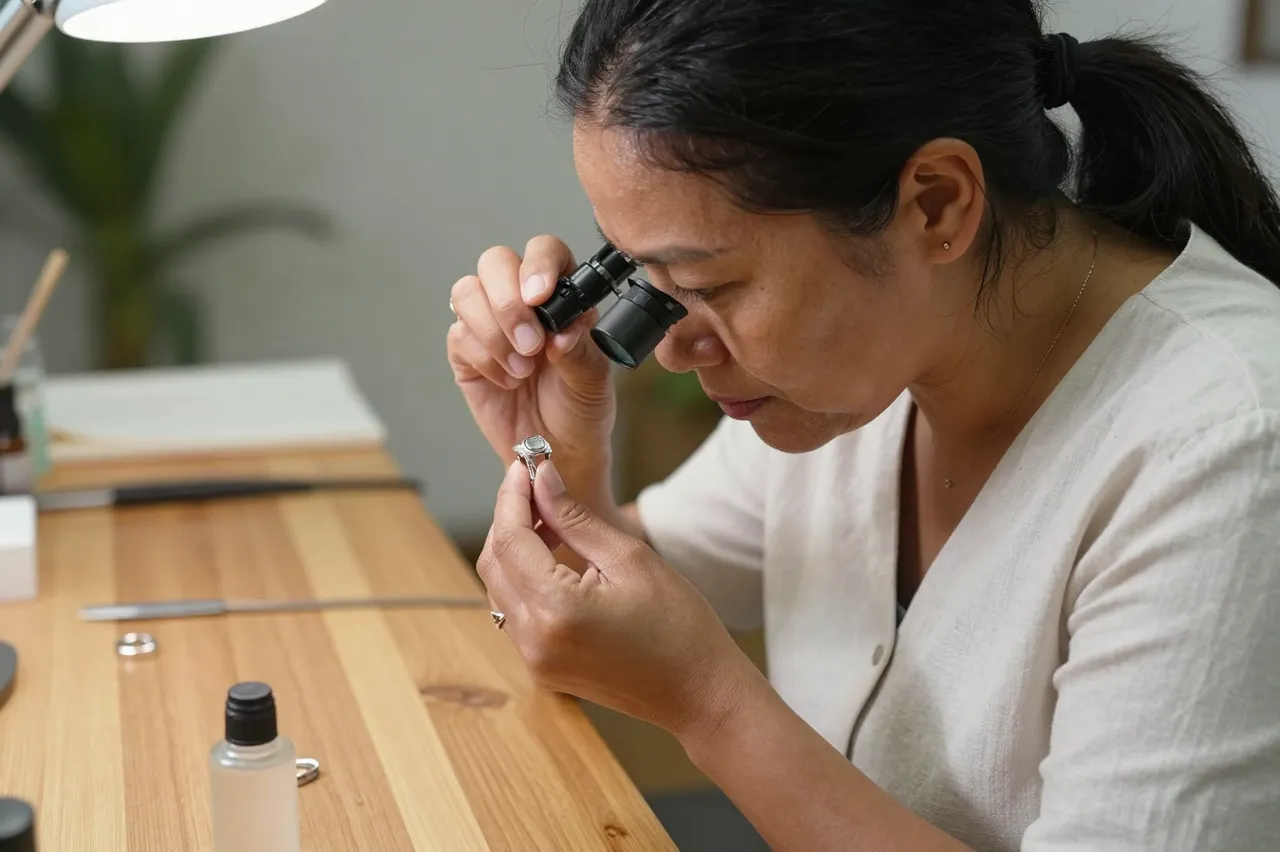 Side view of a Pacific Islander jeweler examining a ring with a magnifying loupe at a wooden workbench