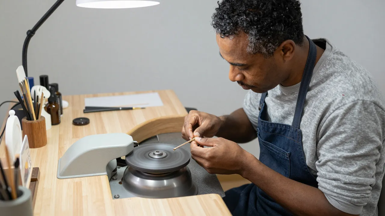 A middle aged male jeweler polishes a gold bracelet at a buffing wheel in his workshop