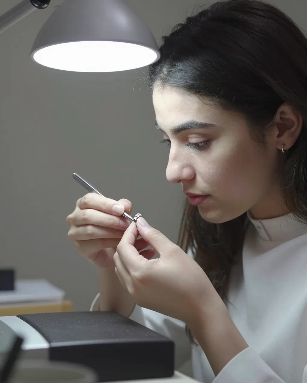 Young jeweler works on a ring under a bright desk lamp using precision tools.