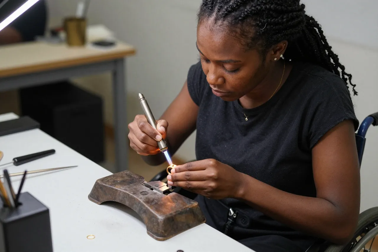 A Black woman jeweler in a wheelchair solders a gold ring at a lowered workbench with a small torch flame