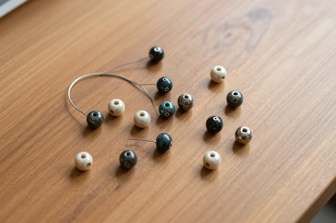 Top view of assorted stone beads and jewelry wire arranged on a smooth wooden table