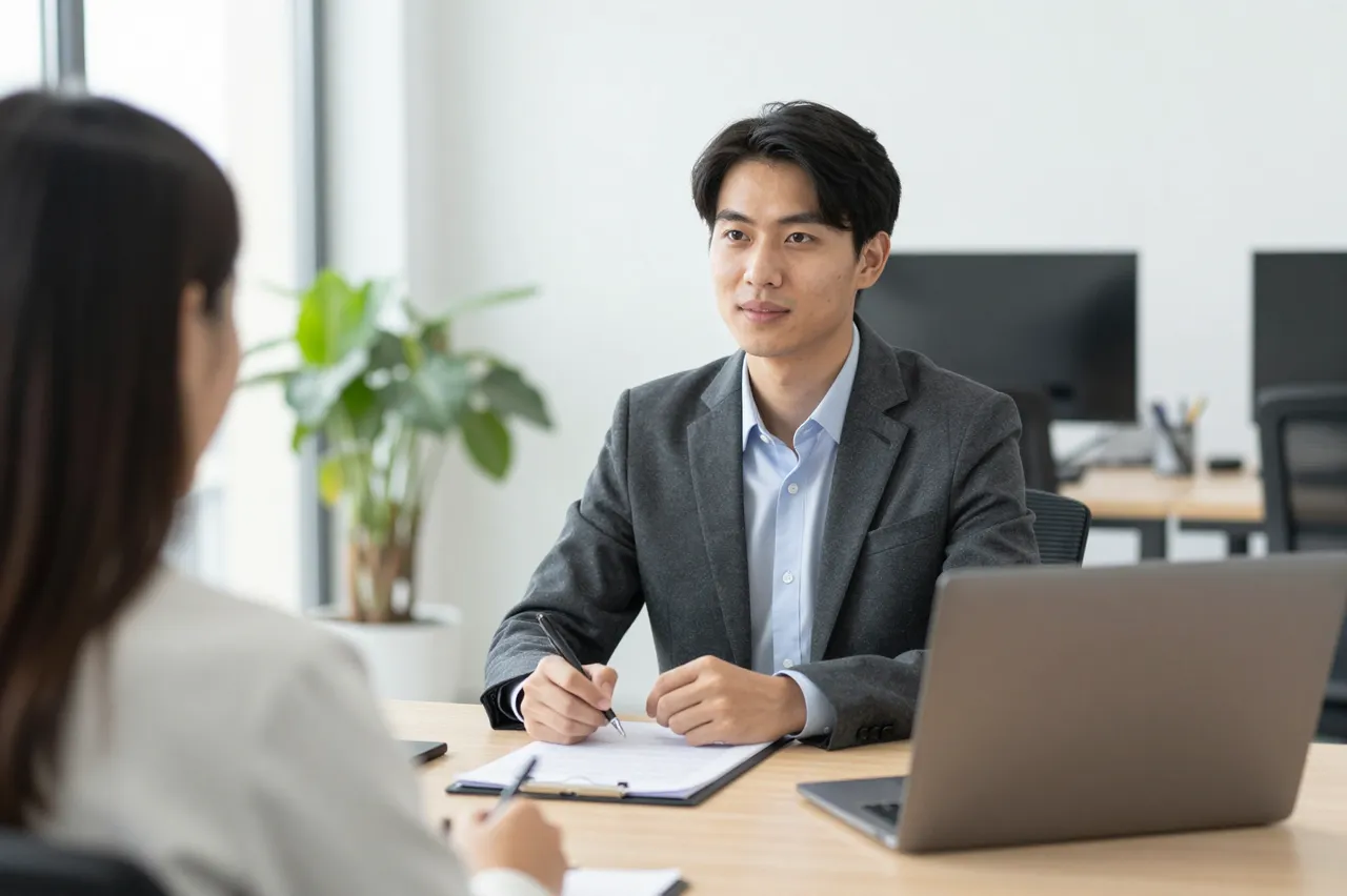 A hiring manager sits across a table from a back-facing candidate during an office job interview