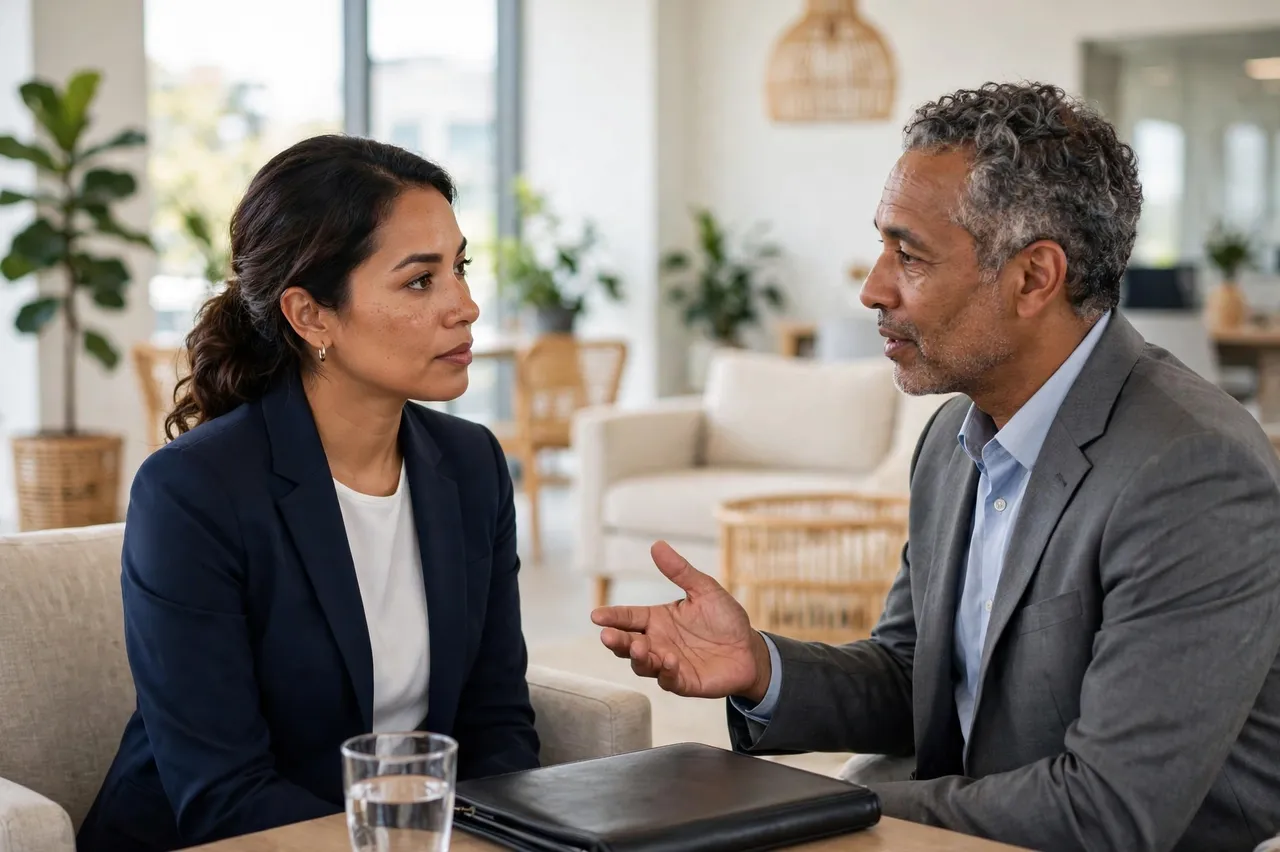 Two professional people in business suits talk across a small table in a bright modern office lounge