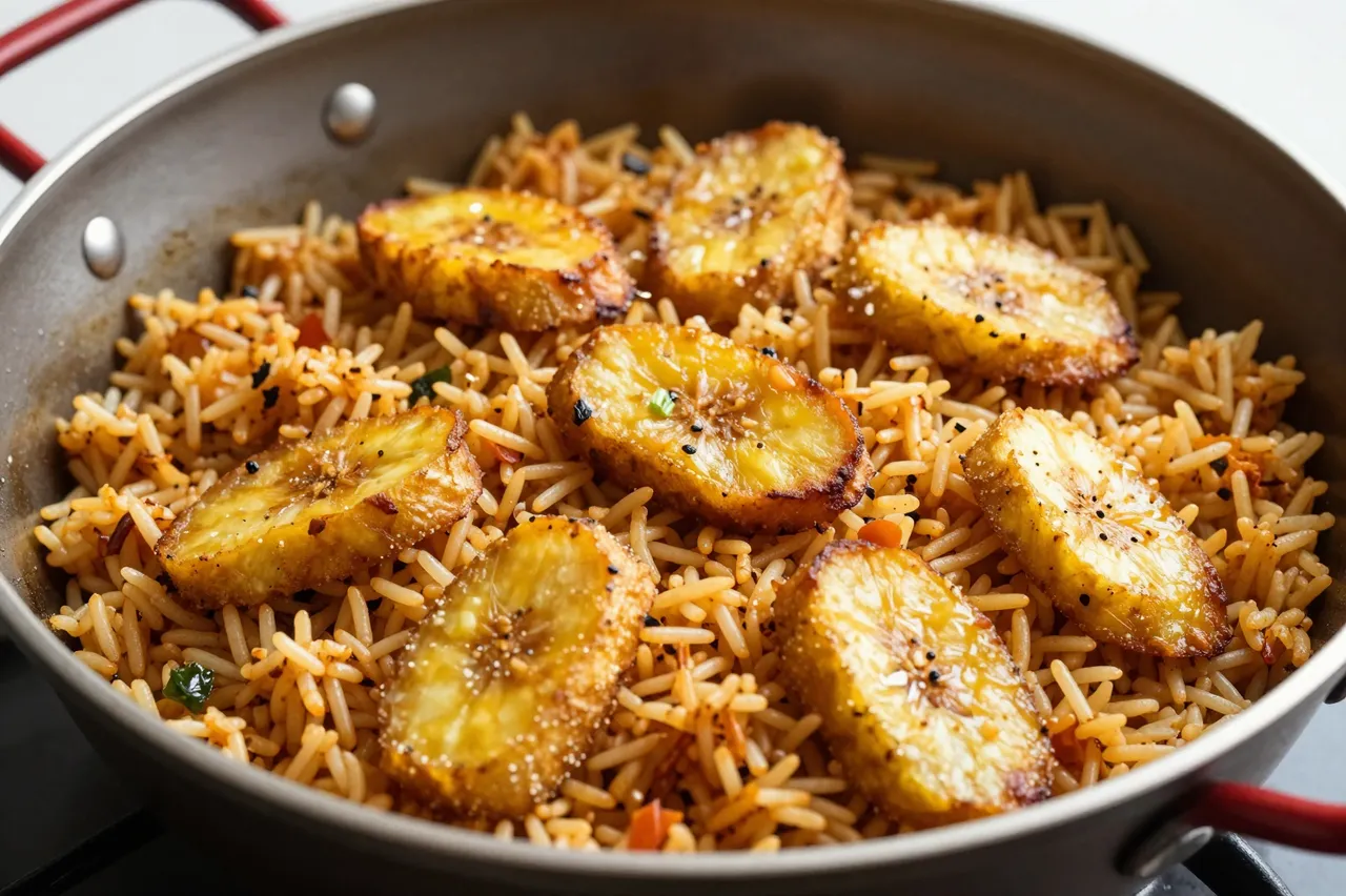 Seasoned jollof rice topped with crispy fried plantain slices served in a wide metal pan