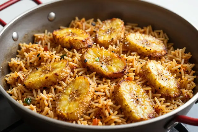 Seasoned jollof rice topped with crispy fried plantain slices served in a wide metal pan