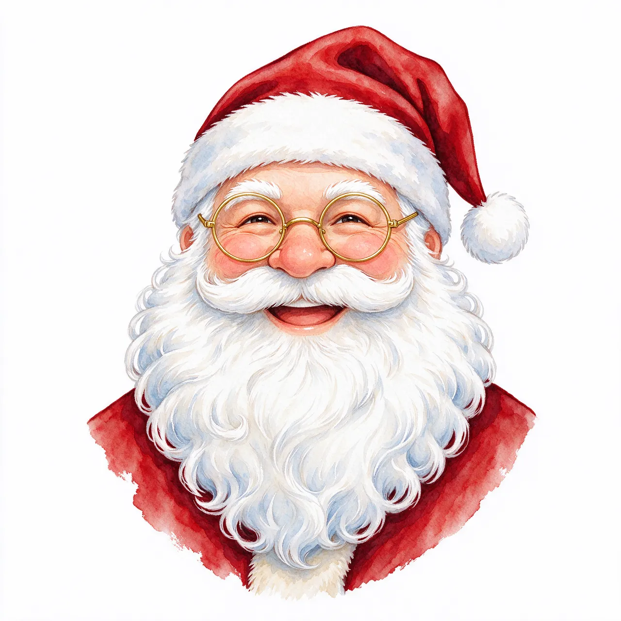 Watercolor illustration of a smiling Santa Claus face with round gold spectacles against a plain white background