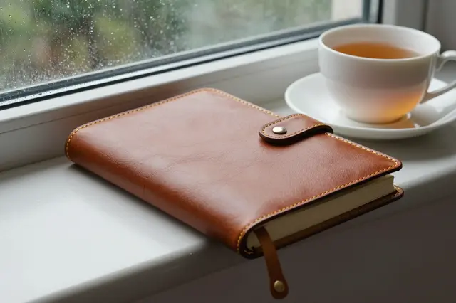 Closed brown leather journal and a cup of tea sit on a white windowsill beside rain-spotted glass.