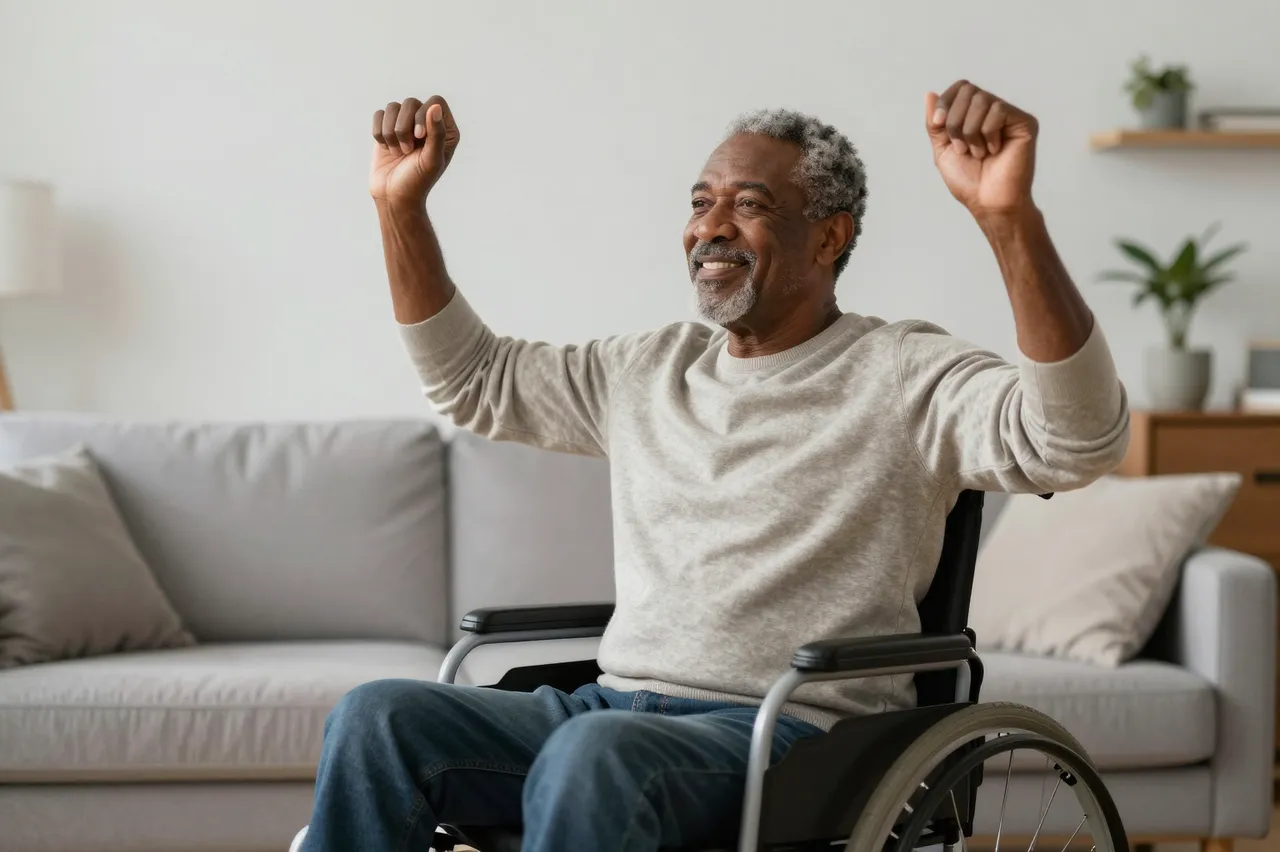 Smiling older mixed-race man in a wheelchair raises both clenched arms in a bright living room