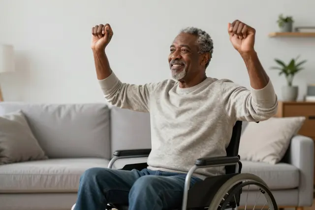 Smiling older mixed-race man in a wheelchair raises both clenched arms in a bright living room