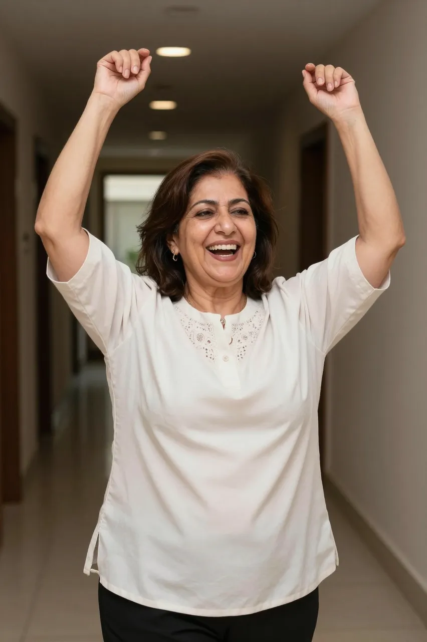 A smiling older Middle Eastern woman raises her arms while standing in an indoor hallway