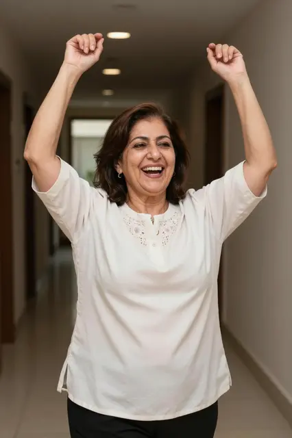 A smiling older Middle Eastern woman raises her arms while standing in an indoor hallway