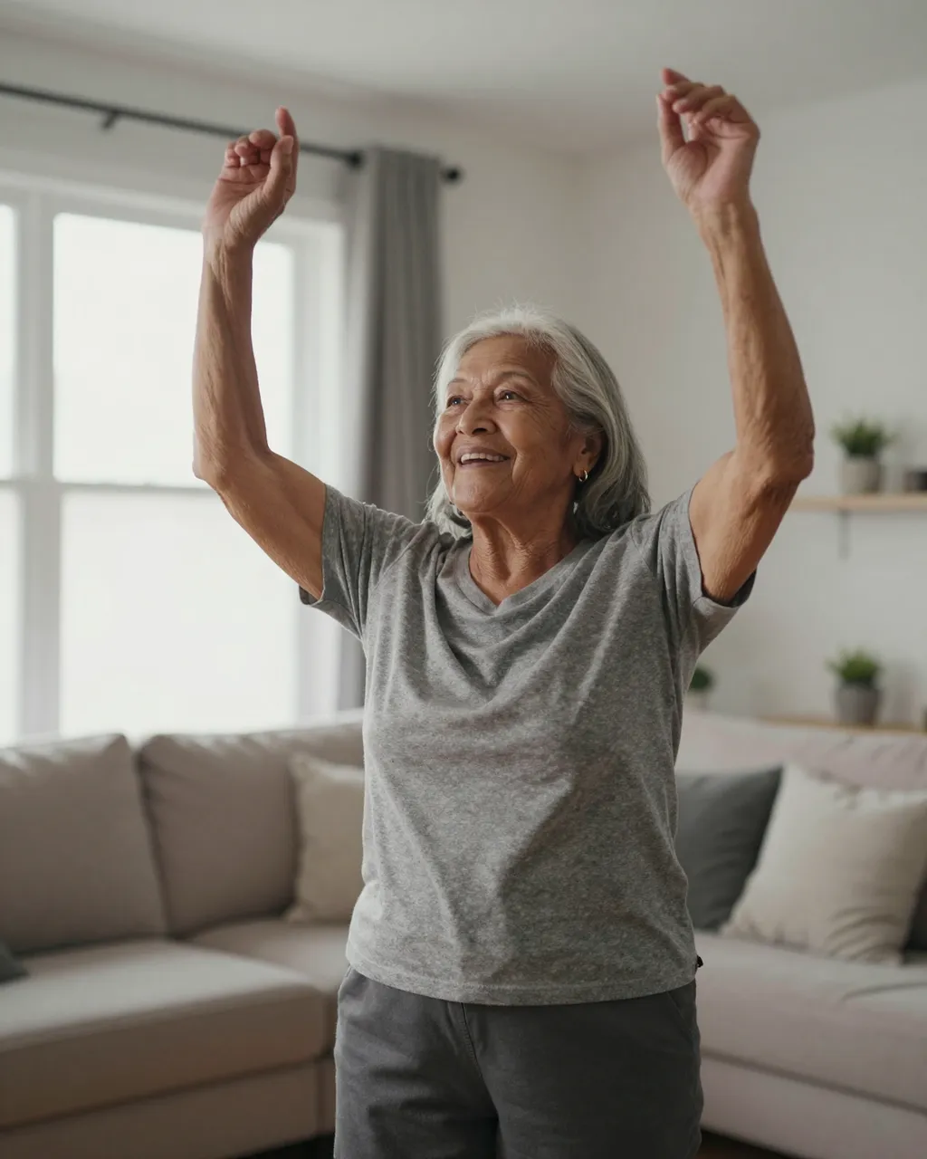 Smiling elderly woman dances with raised arms in a sunlit living room
