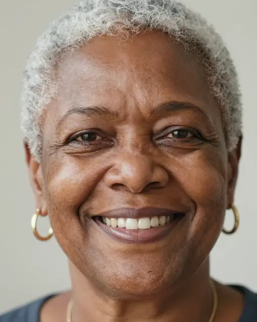 Close-up portrait of a smiling senior Black woman with short silver hair and gold hoop earrings under soft light