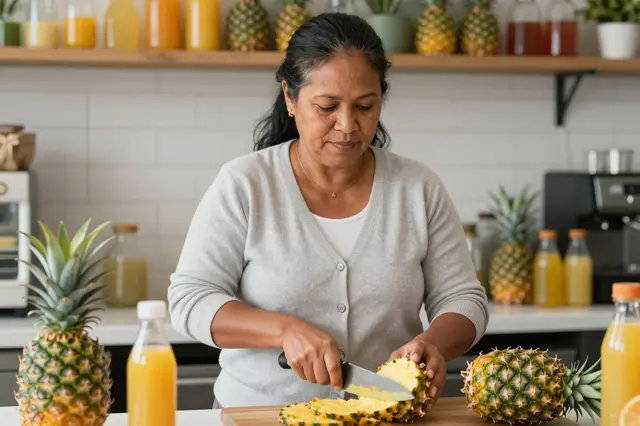 A middle aged Pacific Islander woman slices pineapple behind a juice bar counter surrounded by fresh fruit and juice bottles