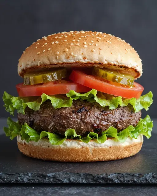 A stacked hamburger with sesame bun, beef patty, lettuce, tomato and pickles on a dark slate surface