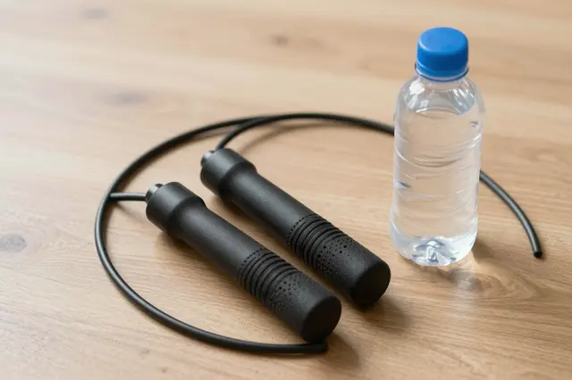 Black jump rope and clear plastic water bottle rest on a light wooden floor