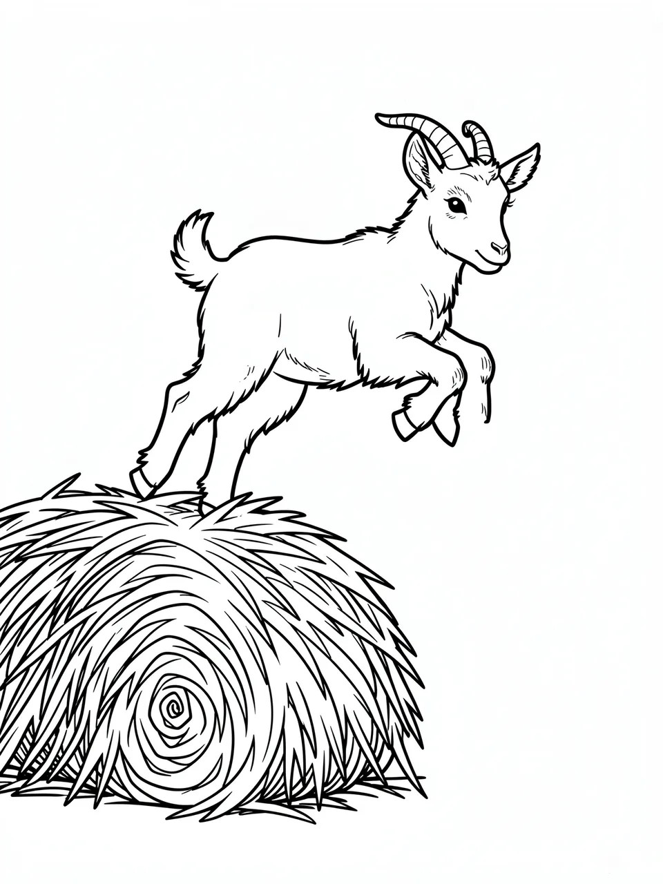 Bold black line art shows a baby goat mid-leap from a round hay bale on a plain white background