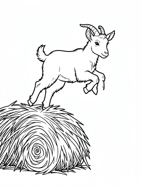 Bold black line art shows a baby goat mid-leap from a round hay bale on a plain white background