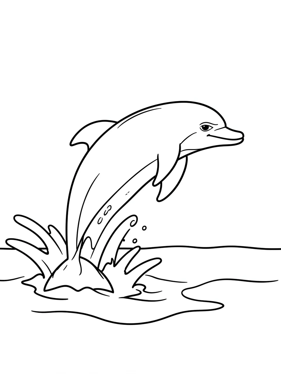 Simple black and white line art of a dolphin leaping from ocean water with a splash